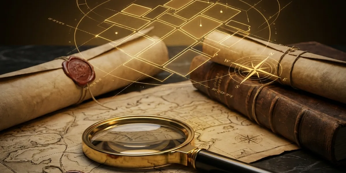 Documente juridice, registre și o lupă pe birou — simbol al investigării legale a patrimoniului unei persoane sau firme
