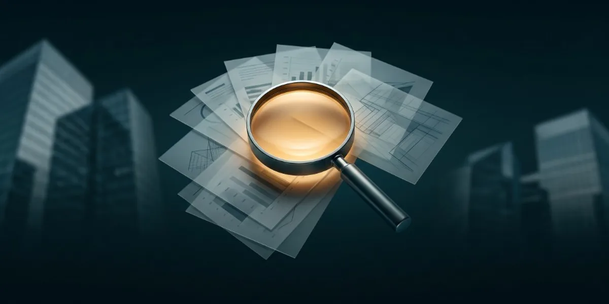 Lupă stilizată deasupra unor documente pe fundal închis, sugerând verificarea atentă pre-tranzacție