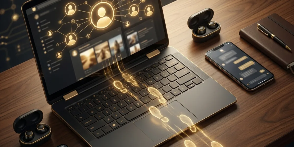 Telefon și laptop cu notificări luminoase pe birou — simbol al urmelor digitale lăsate zilnic fără conștientizare