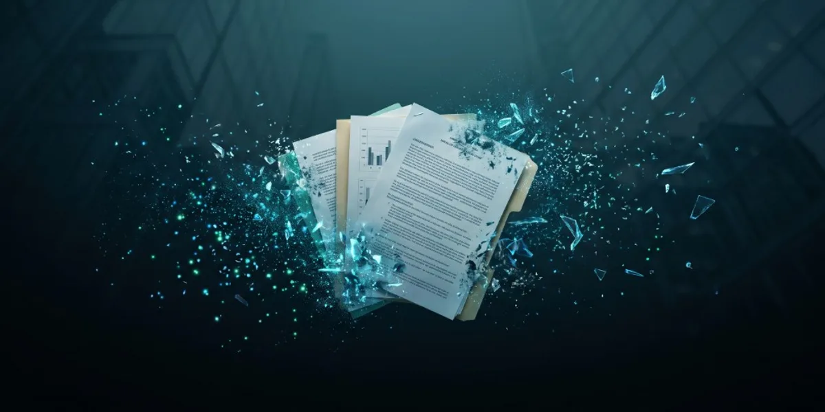 Documente de hârtie care se dizolvă în particule digitale, ilustrând scurgerea de informații confidențiale