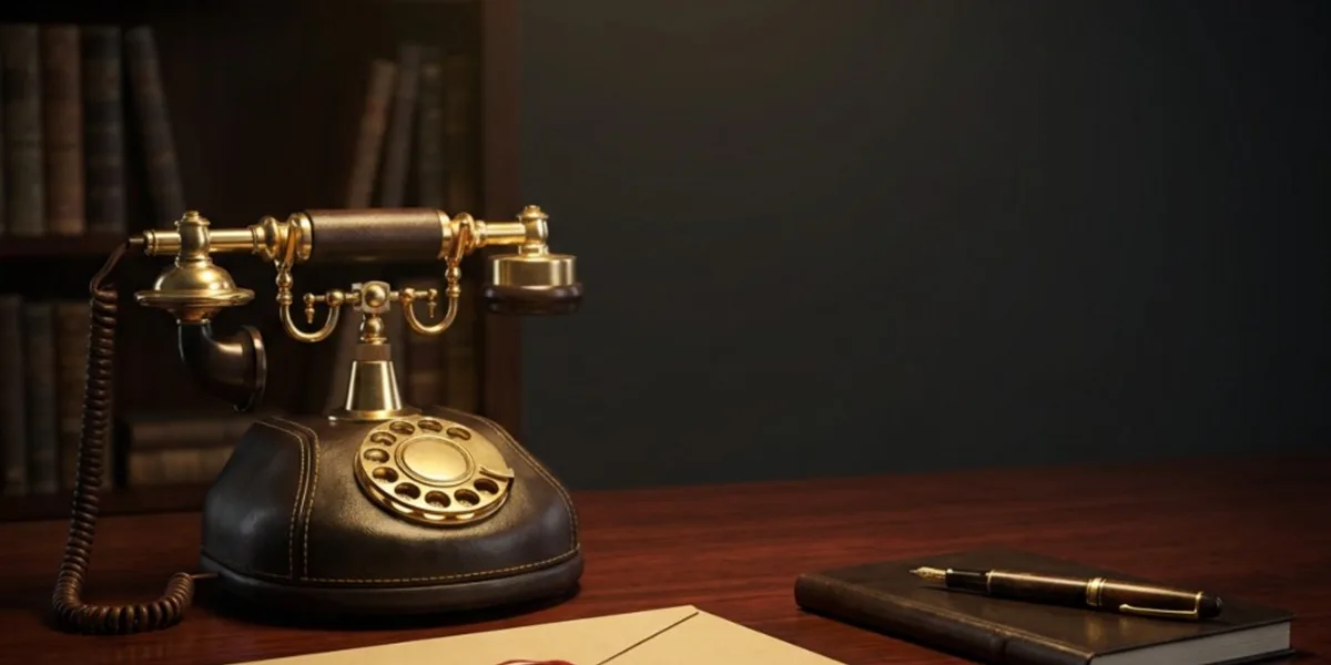 Telefon vintage, carnet și plic sigilat pe birou — primul apel confidențial la un detectiv particular