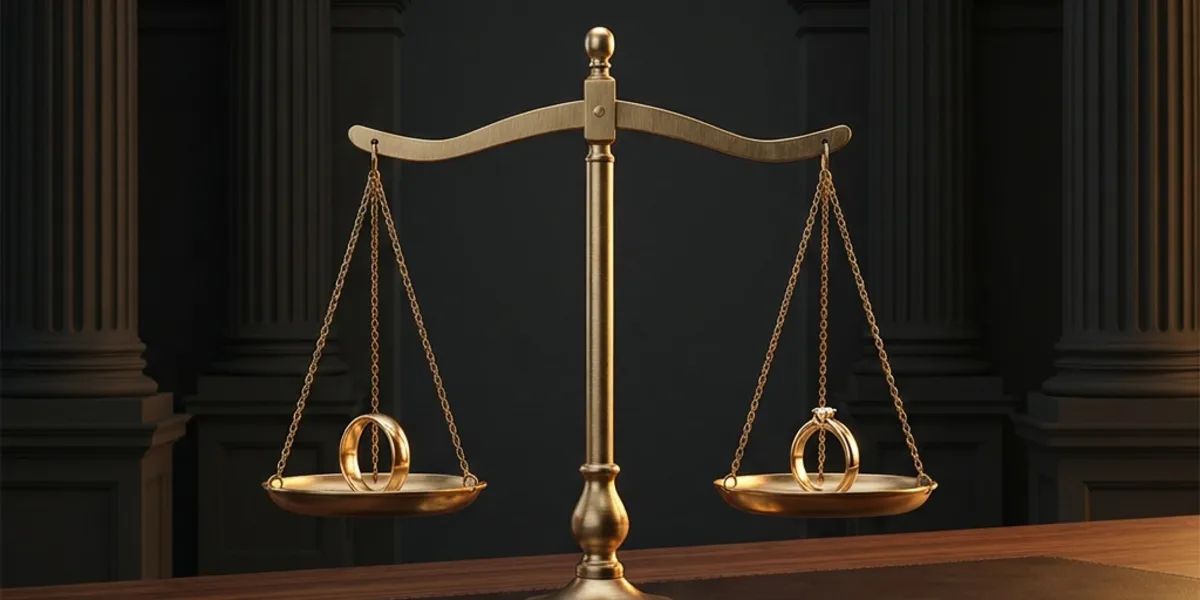 Inele de căsătorie și acte juridice pe birou — simbol al identificării legale a bunurilor ascunse în divorț și partaj