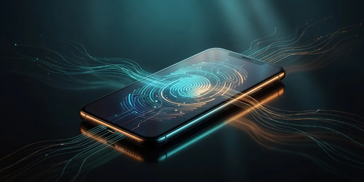 Telefon pe suprafață închisă cu amprente digitale abstracte și linii de date curgând
