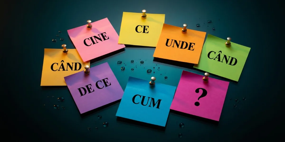 Notițe colorate cu întrebările Cine, Ce, Unde, Când, De ce, Cum pe un fundal închis