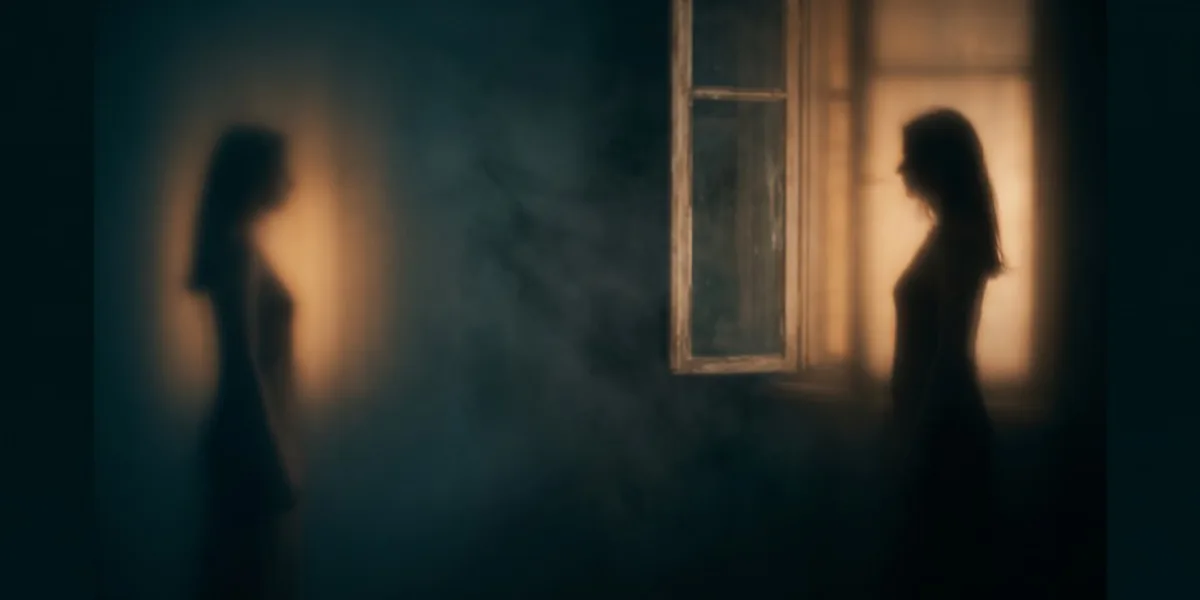Două siluete feminine la distanță una de cealaltă, luminate din spate de o lumină caldă