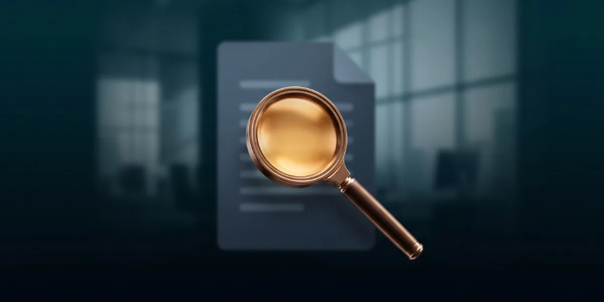 Lupă stilizată deasupra unui CV blurat pe fundal închis, ilustrând verificarea de integritate